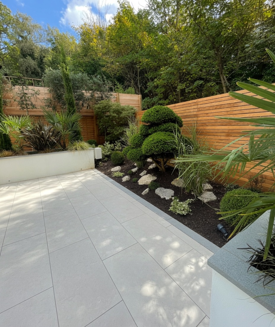 Finished luxury porcelain patio with outdoor seating